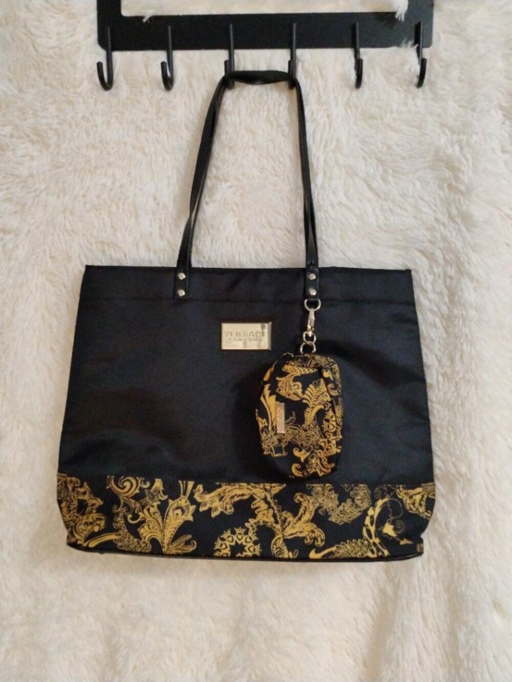 Versace Parfums Black & Gold Tote Hand Bag with Matching Small Purse